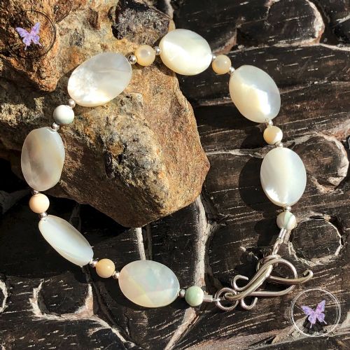 Mother Of Pearl Faceted Oval Bracelet With Silver Toggle Clasp